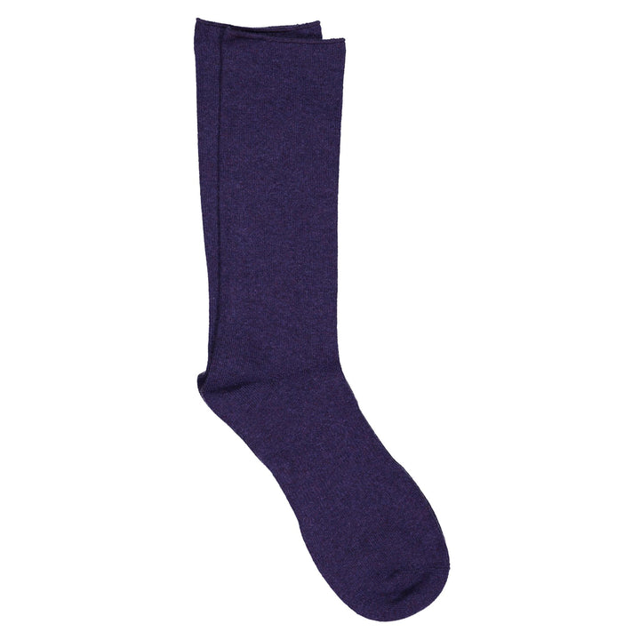 A pair of purple roll top crew socks made from a cashmere silk blend.