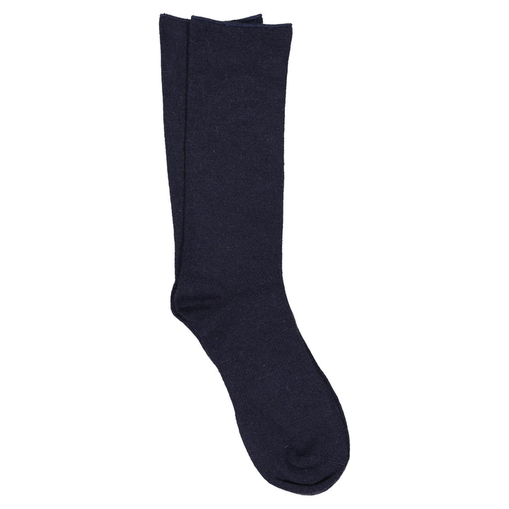 A pair of purple roll top crew socks made from a cashmere silk blend.
