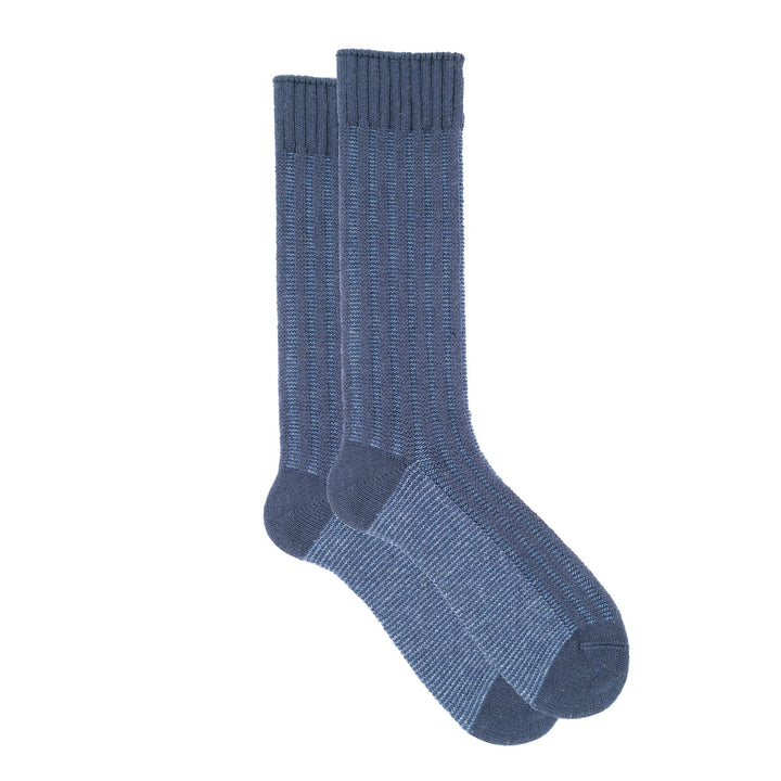 Blue and gray striped socks on a white background