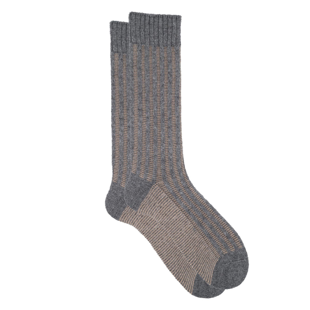 Grey and brown striped socks on a white background