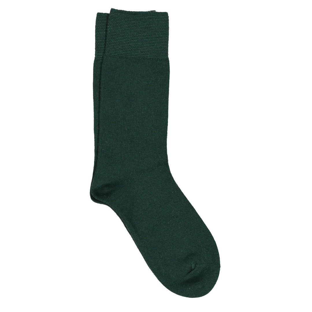 A pair of green crew socks with a pique cuff.