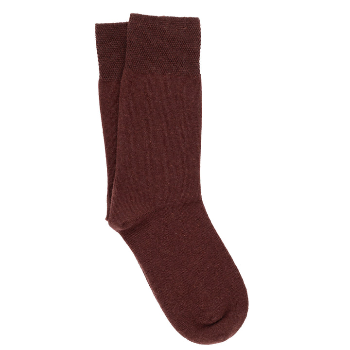 A pair of brown crew socks with a pique cuff.
