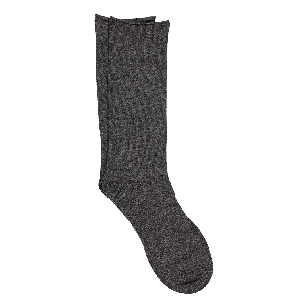 A pair of gray roll top crew socks made from a cashmere silk blend.