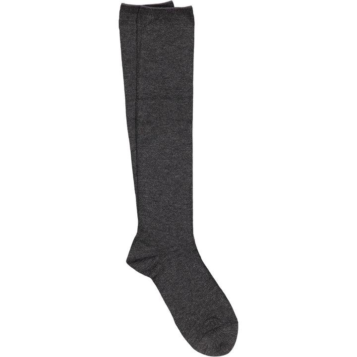 A pair of gray knee-high socks with a ribbed texture.
