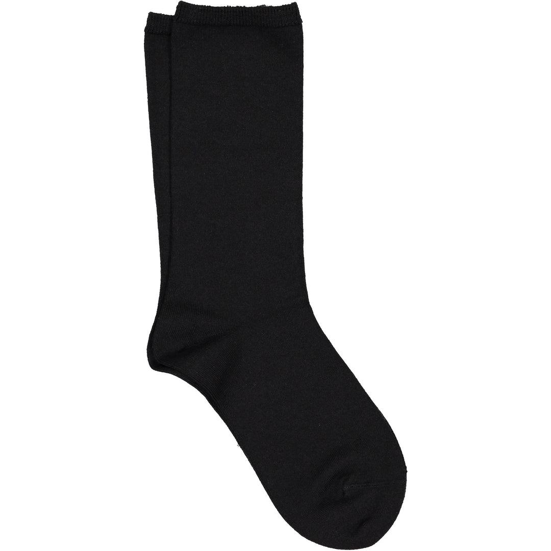 A single black luxury jersey crew sock made from cashmere, silk, and merino wool.